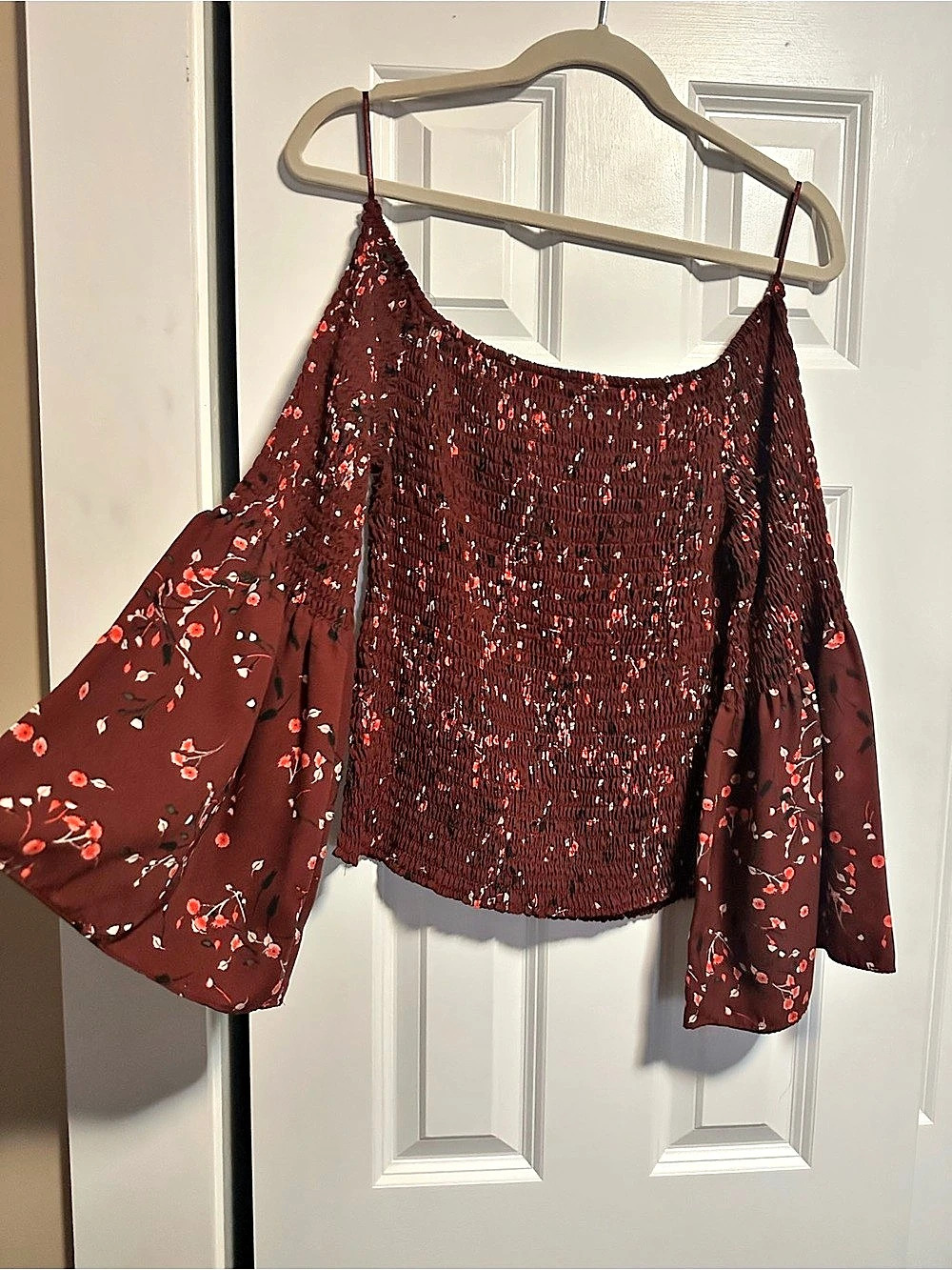 Express Burgundy Floral Smocked Off-Shoulder Bell-Sleeve Top Size Large